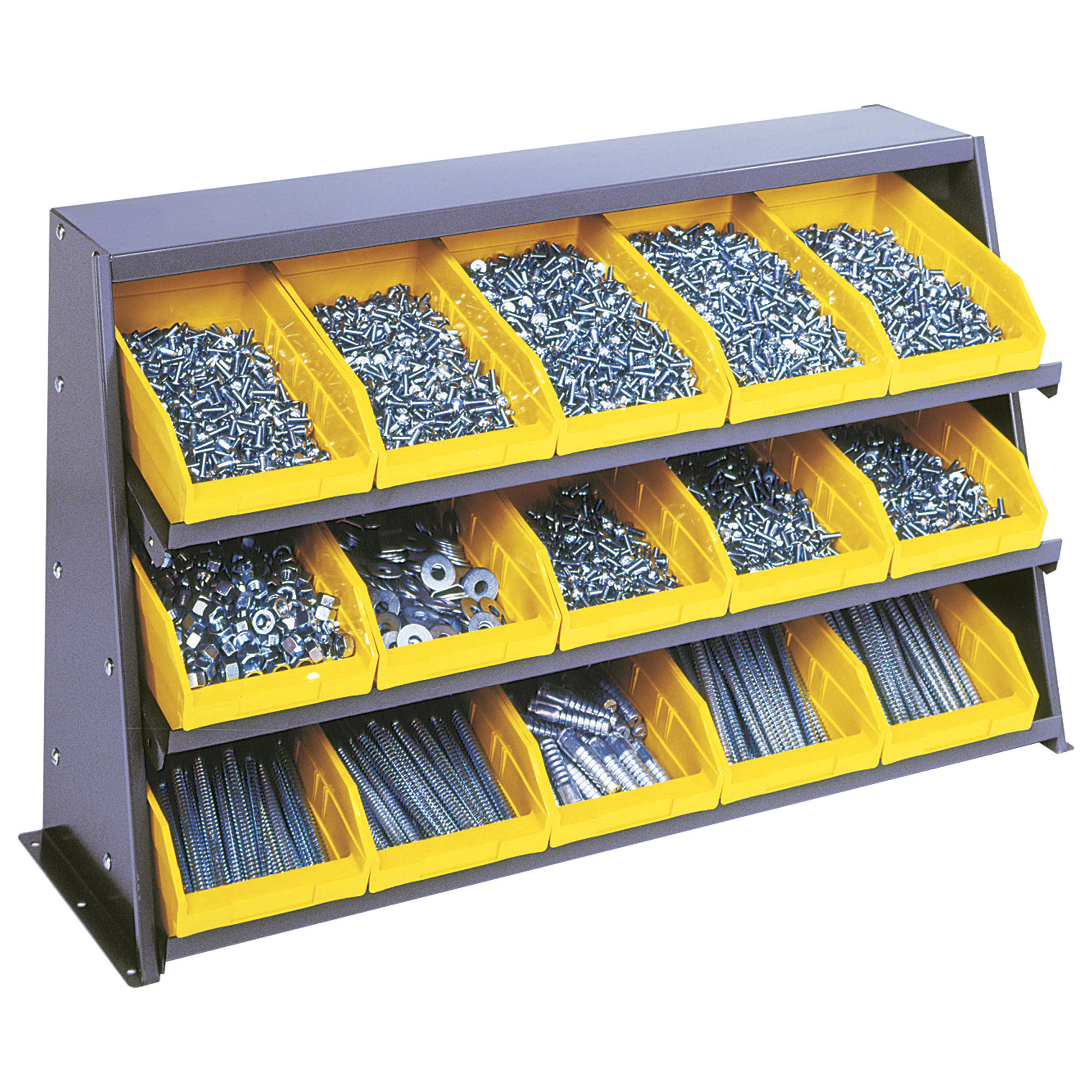 Quantum Storage Benchtop Parts Rack with 15 Bins, 5/8in.L x 6 5/8in.W x 4in.H Bin Size, Yellow, Model# QPRHA-102YL